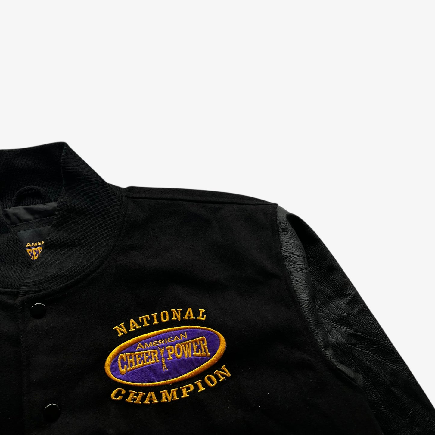 American Cheer Power national champion embroidered spell out on vintage 90s men's wool blend black varsity jacket.