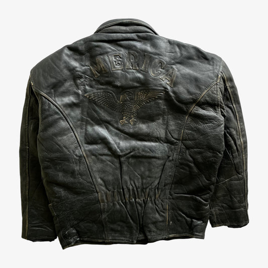 Vintage 90s Mens American Eagle Embossed Black Leather Pilot Jacket Marked Interior Back - Casspios Dream