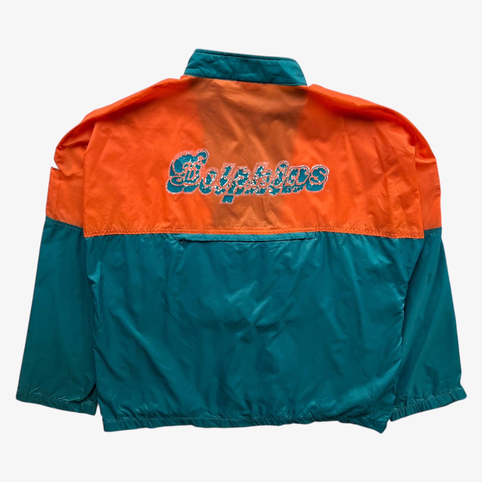 Back of men's vintage 90s Apex One NFL Miami Dolphins jacket.