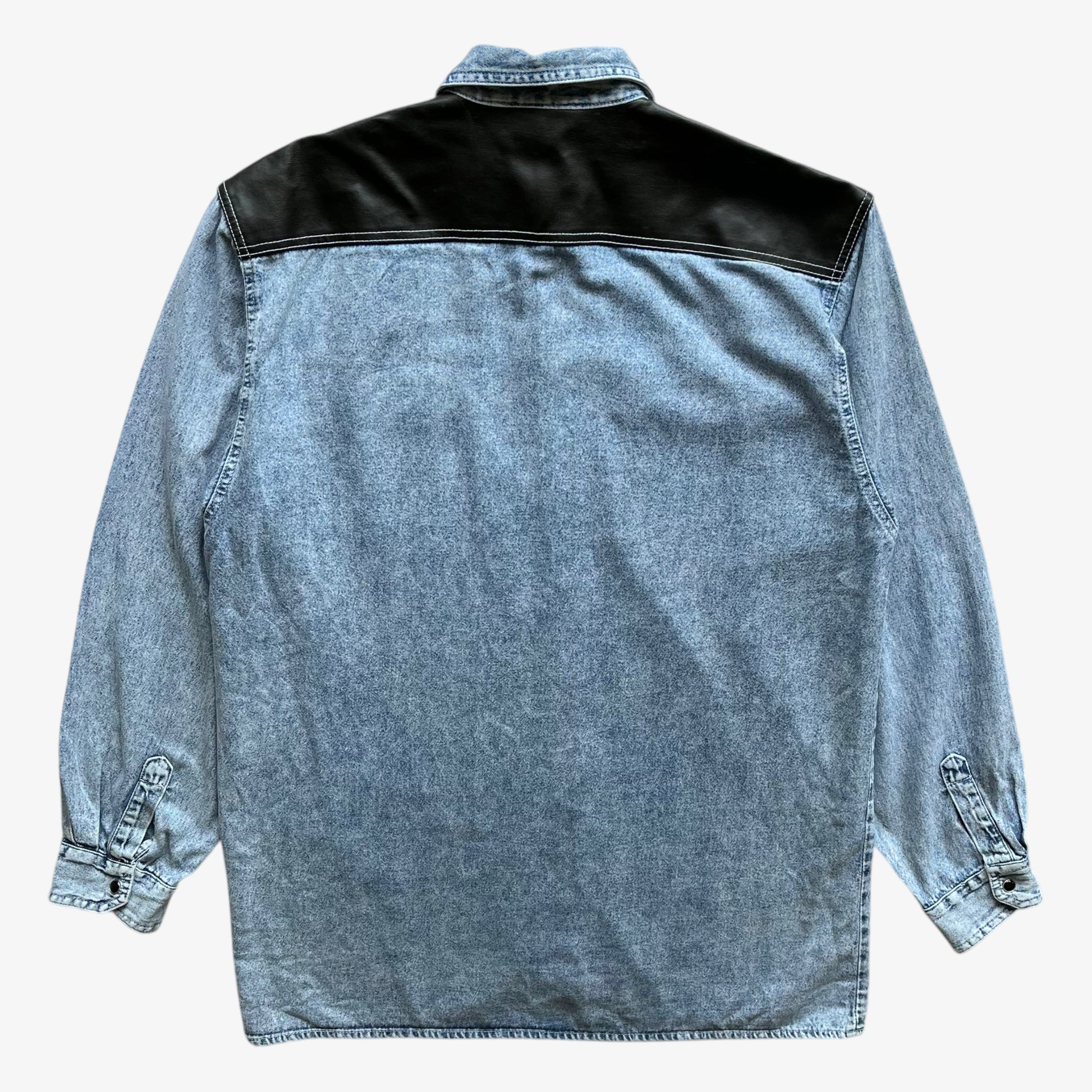 Vintage 90s Mens Arizona Jeans Blue Denim Shirt With Black Leather Detailing Back - Casspios Dream