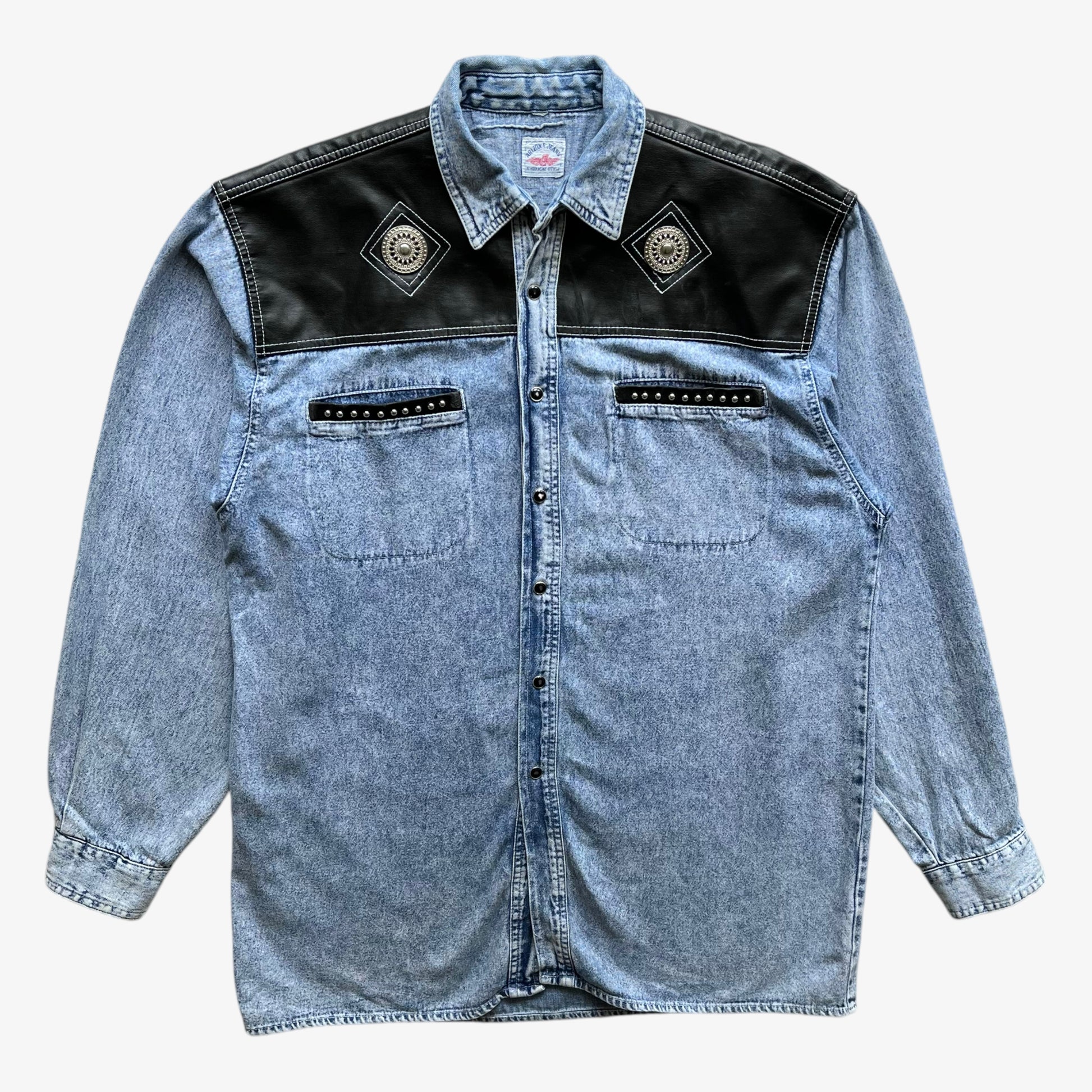 Vintage 90s Mens Arizona Jeans Blue Denim Shirt With Black Leather Detailing - Casspios Dream