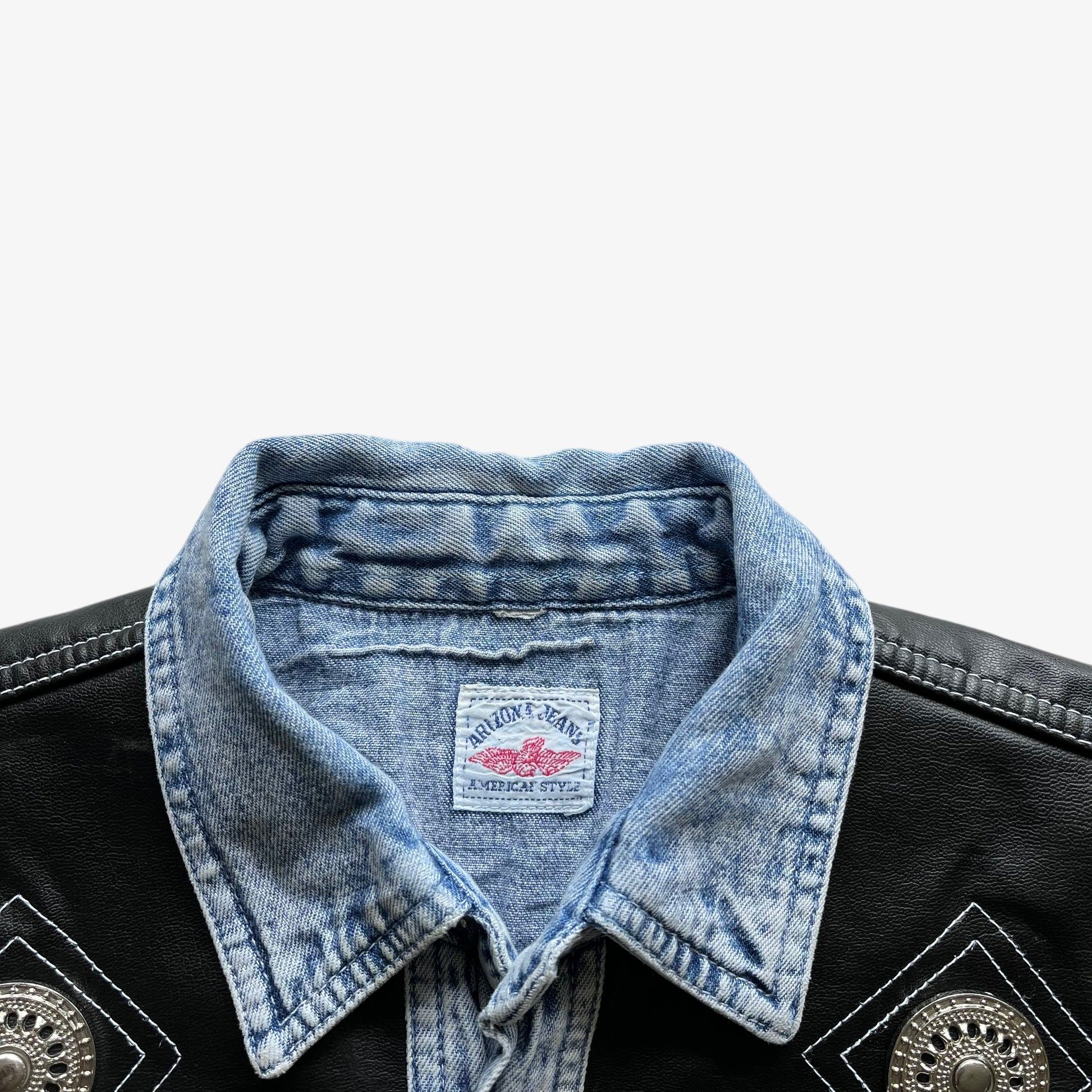 Vintage 90s Mens Arizona Jeans Blue Denim Shirt With Black Leather Detailing Label - Casspios Dream