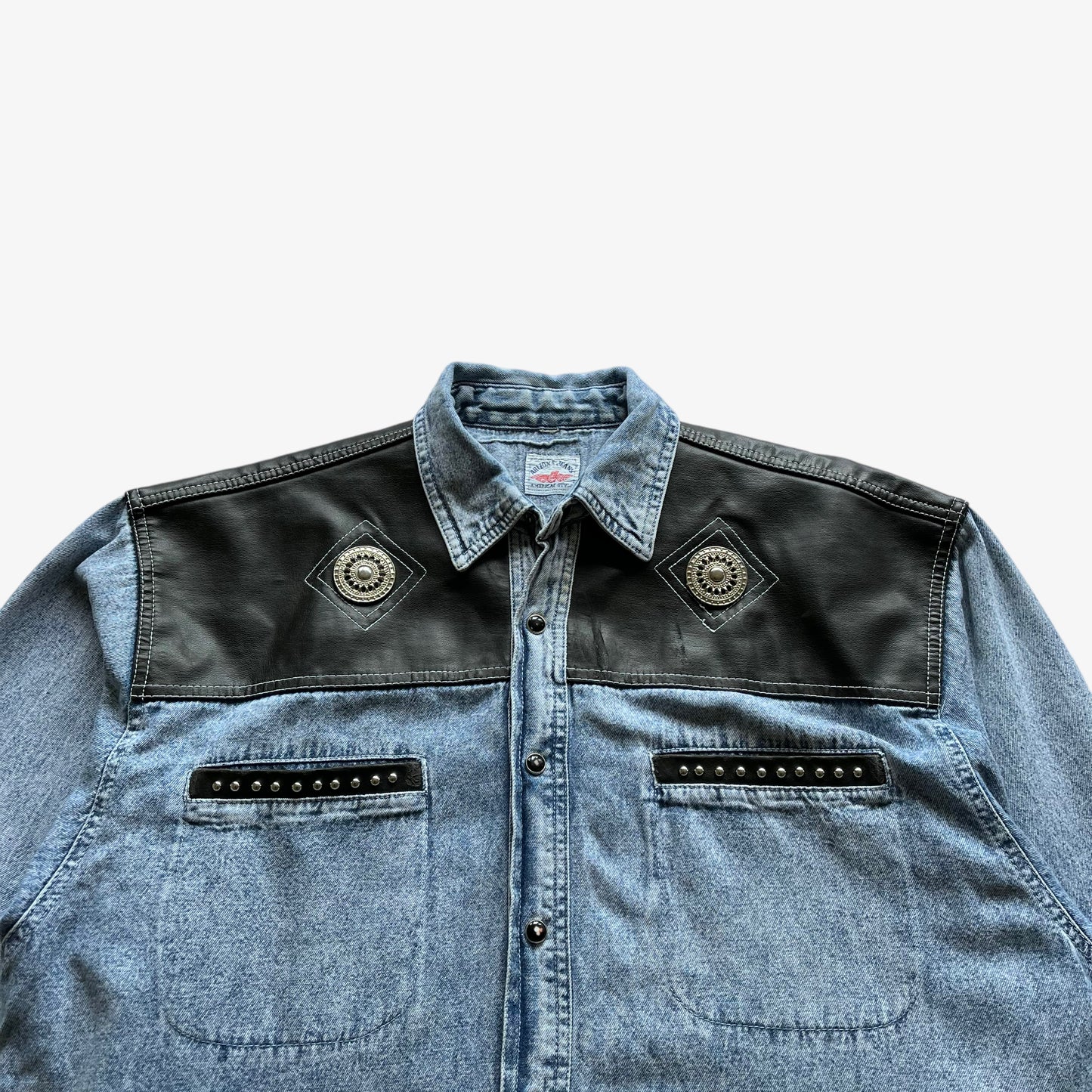 Vintage 90s Mens Arizona Jeans Blue Denim Shirt With Black Leather Detailing Workwear - Casspios Dream