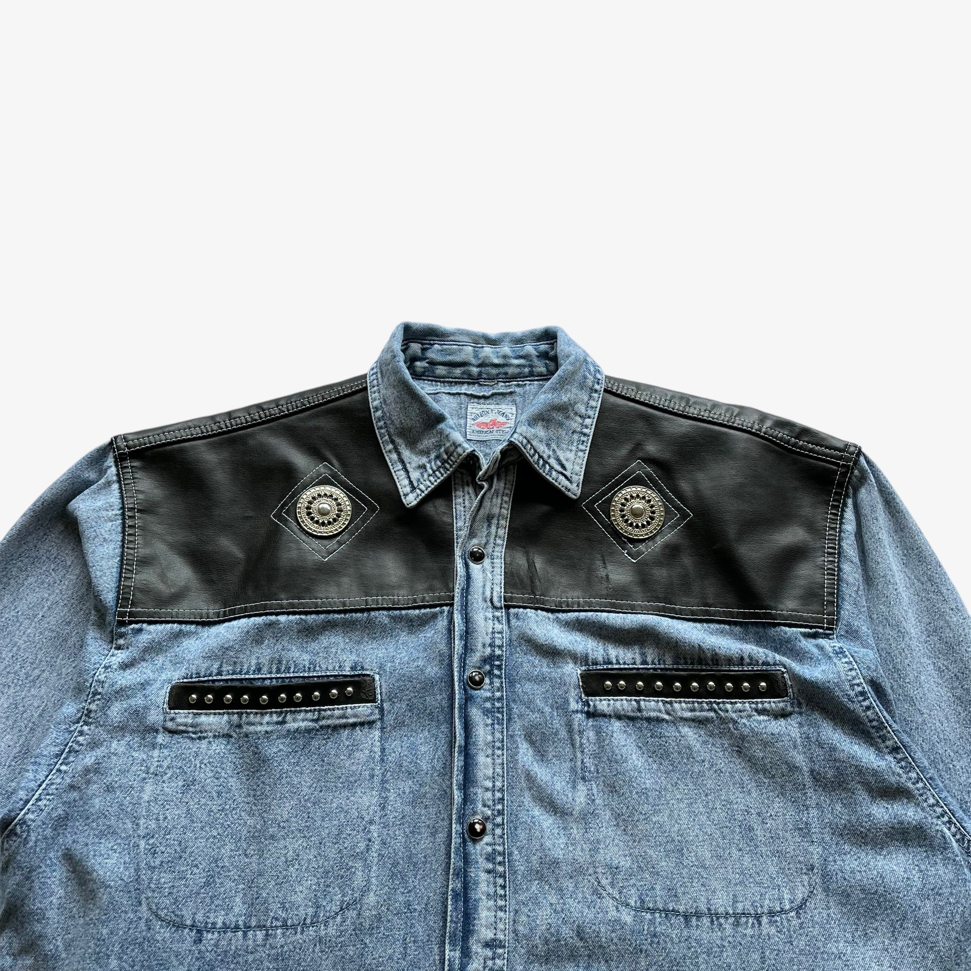 Vintage 90s Mens Arizona Jeans Blue Denim Shirt With Black Leather Detailing Workwear - Casspios Dream