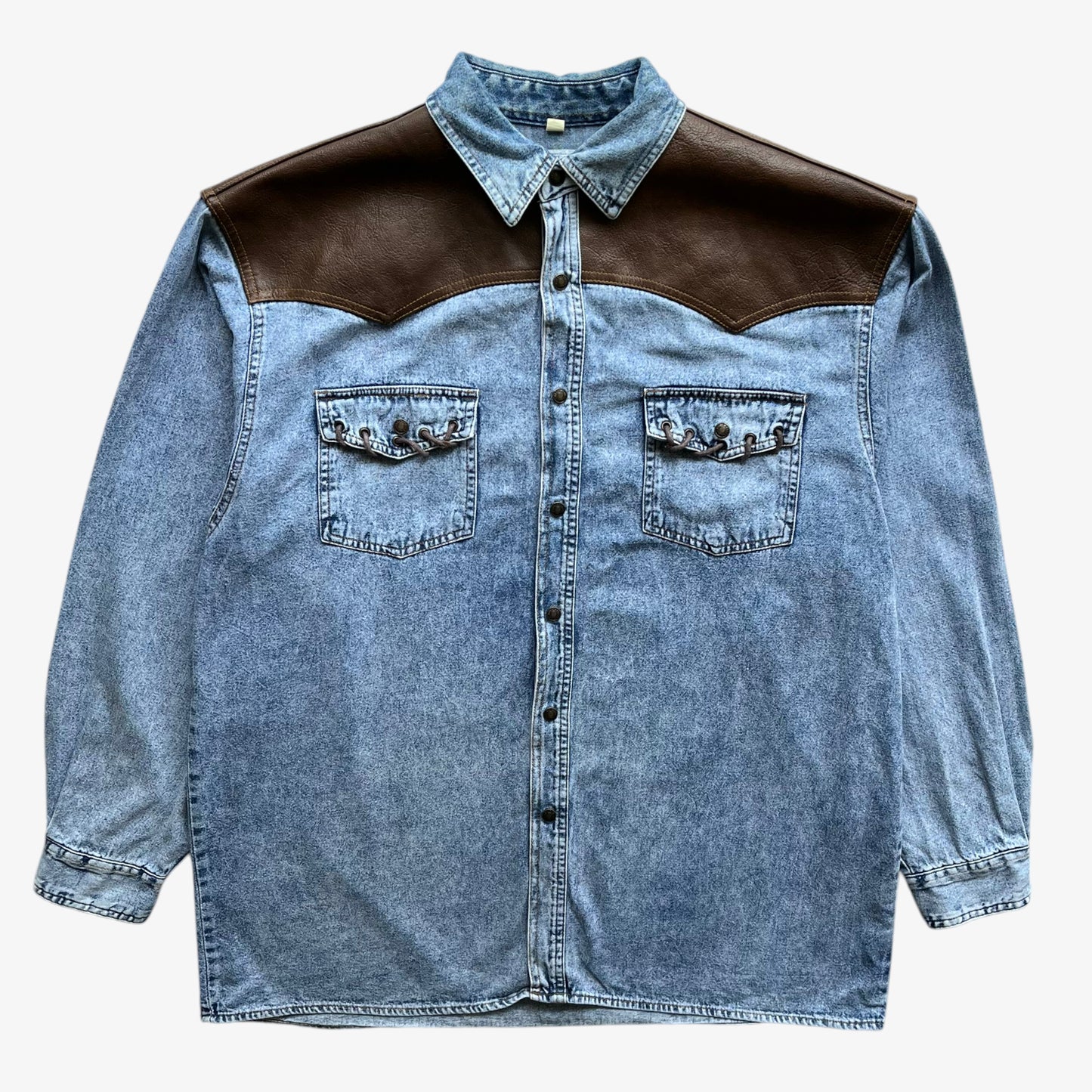 Vintage 90s Mens Arizona Jeans Blue Denim Shirt With Brown Leather Detailing - Casspios Dream