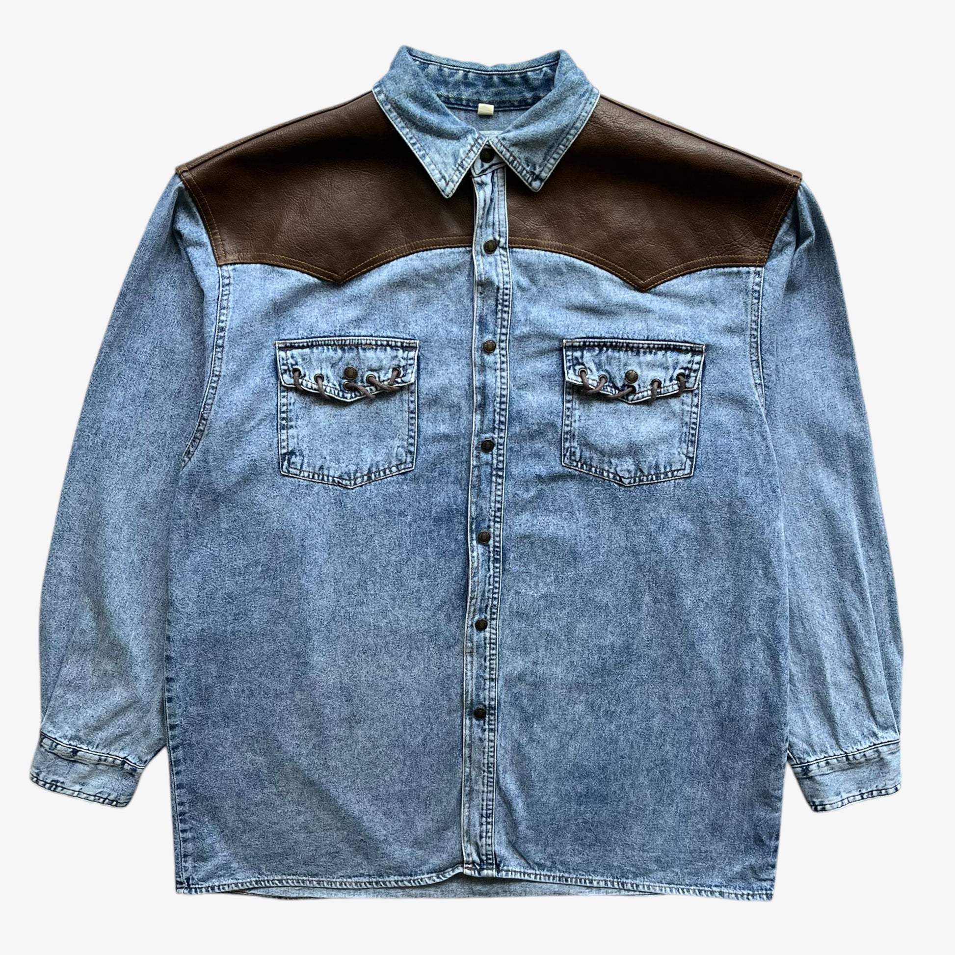 Vintage 90s Mens Arizona Jeans Blue Denim Shirt With Brown Leather Detailing - Casspios Dream