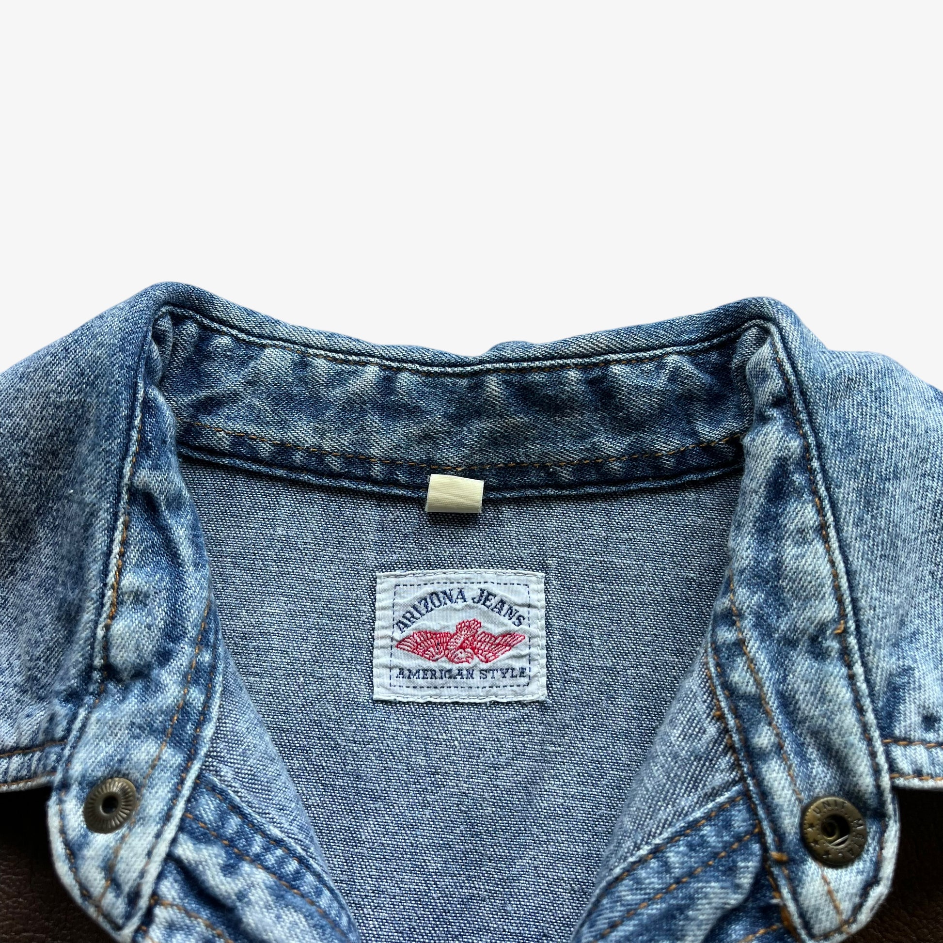Vintage 90s Mens Arizona Jeans Blue Denim Shirt With Brown Leather Detailing Label - Casspios Dream