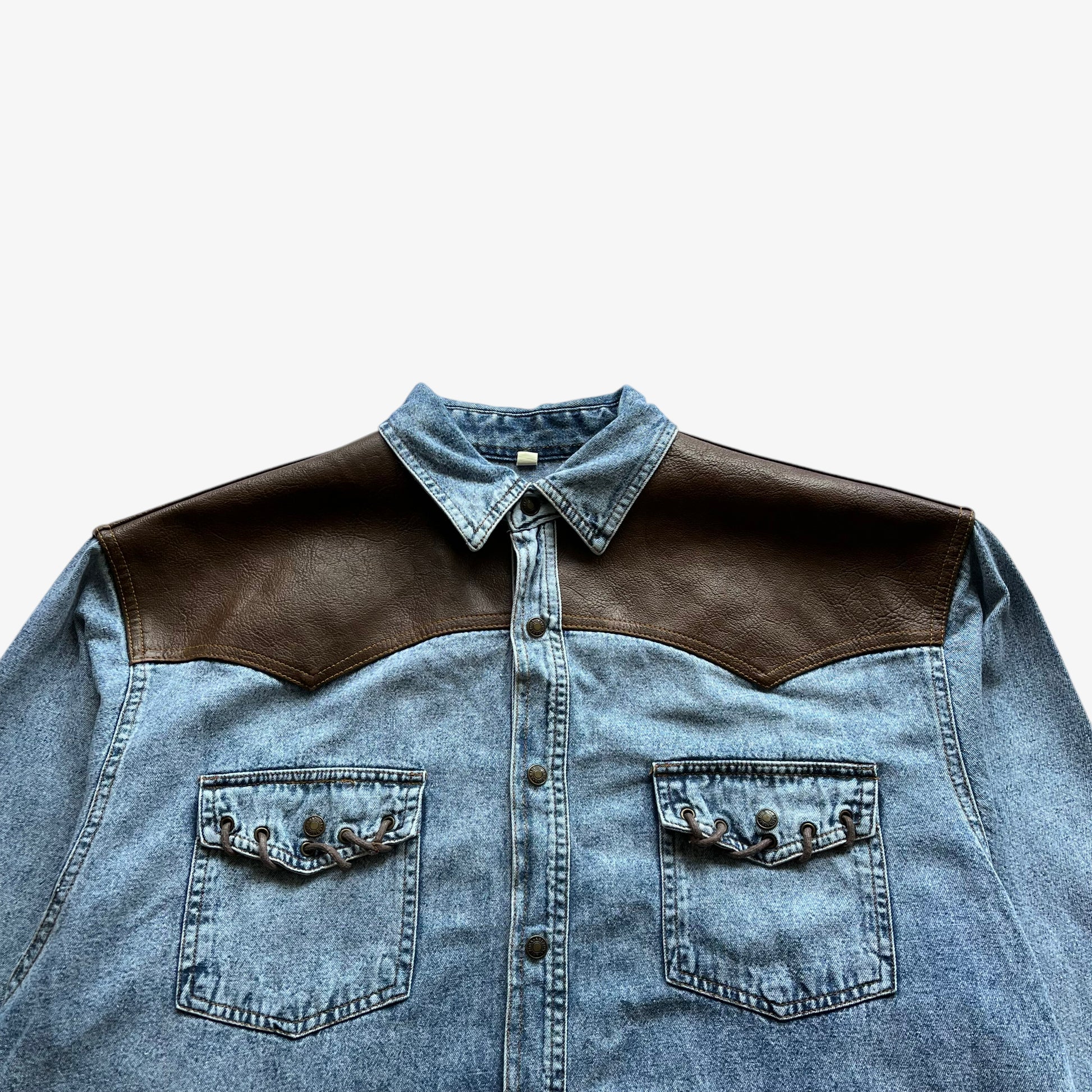 Vintage 90s Mens Arizona Jeans Blue Denim Shirt With Brown Leather Detailing Pockets - Casspios Dream