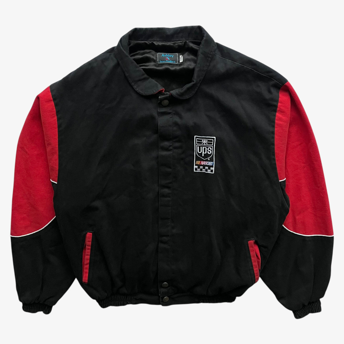 Vintage 90s men's Ashley UPS black and red nascar jacket.