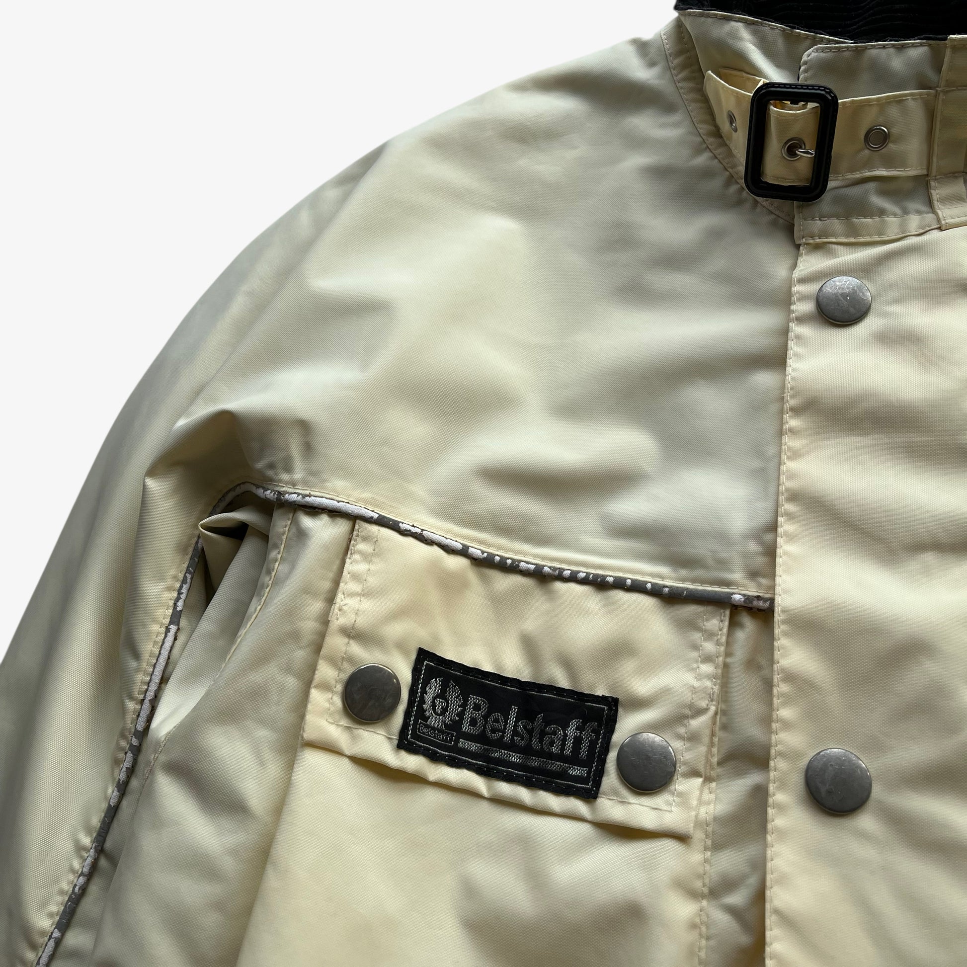 Belstaff spell out logo on the breast of vintage 90s men's tourmaster 500 cream biker jacket.