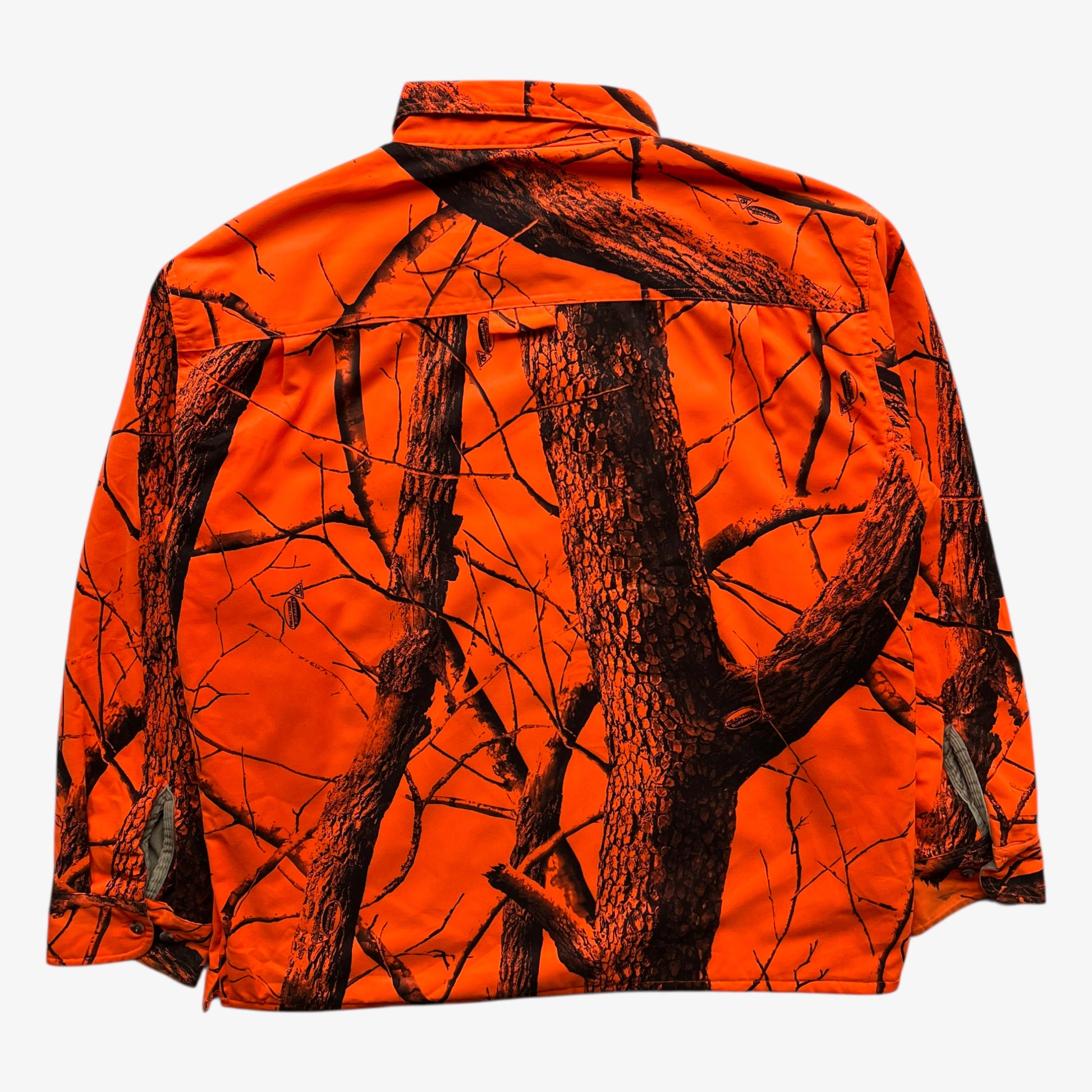 Back of vintage 90s men's Cabela's real tree hardwoods orange camouflage hunting jacket.