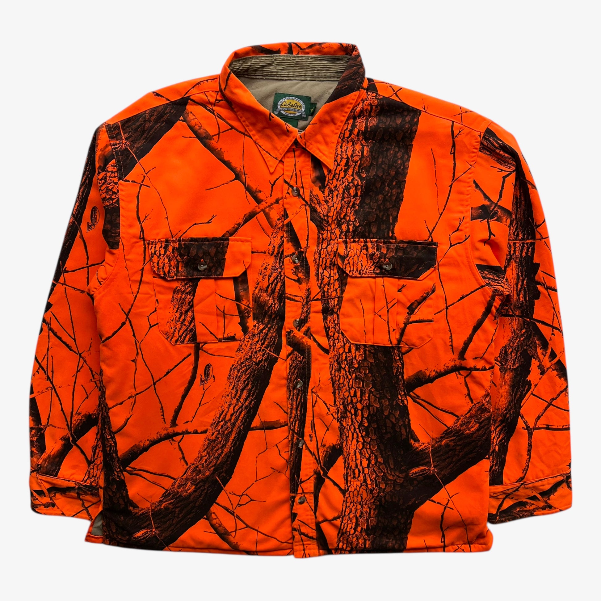 Vintage 90s men's Cabela's real tree hardwoods orange camouflage hunting jacket.