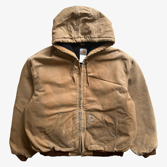 Vintage 90s Mens Carhartt Beige Hooded Workwear Jacket - Casspios Dream