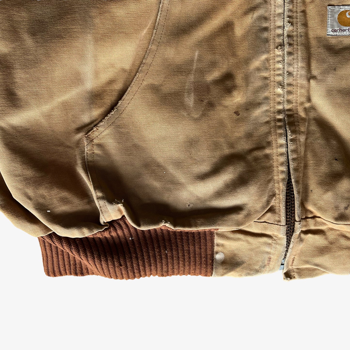 Vintage 90s Mens Carhartt Beige Hooded Workwear Jacket Hem - Casspios Dream