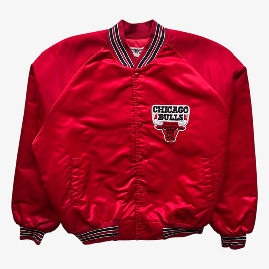 Men's vintage 90s Chalk Line NBA Chicago Bulls red varsity jacket with back embroidered spell out.