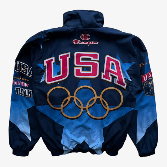 Back of vintage 90s men's Champion 1996 USA Olympic team star print navy track jacket.
