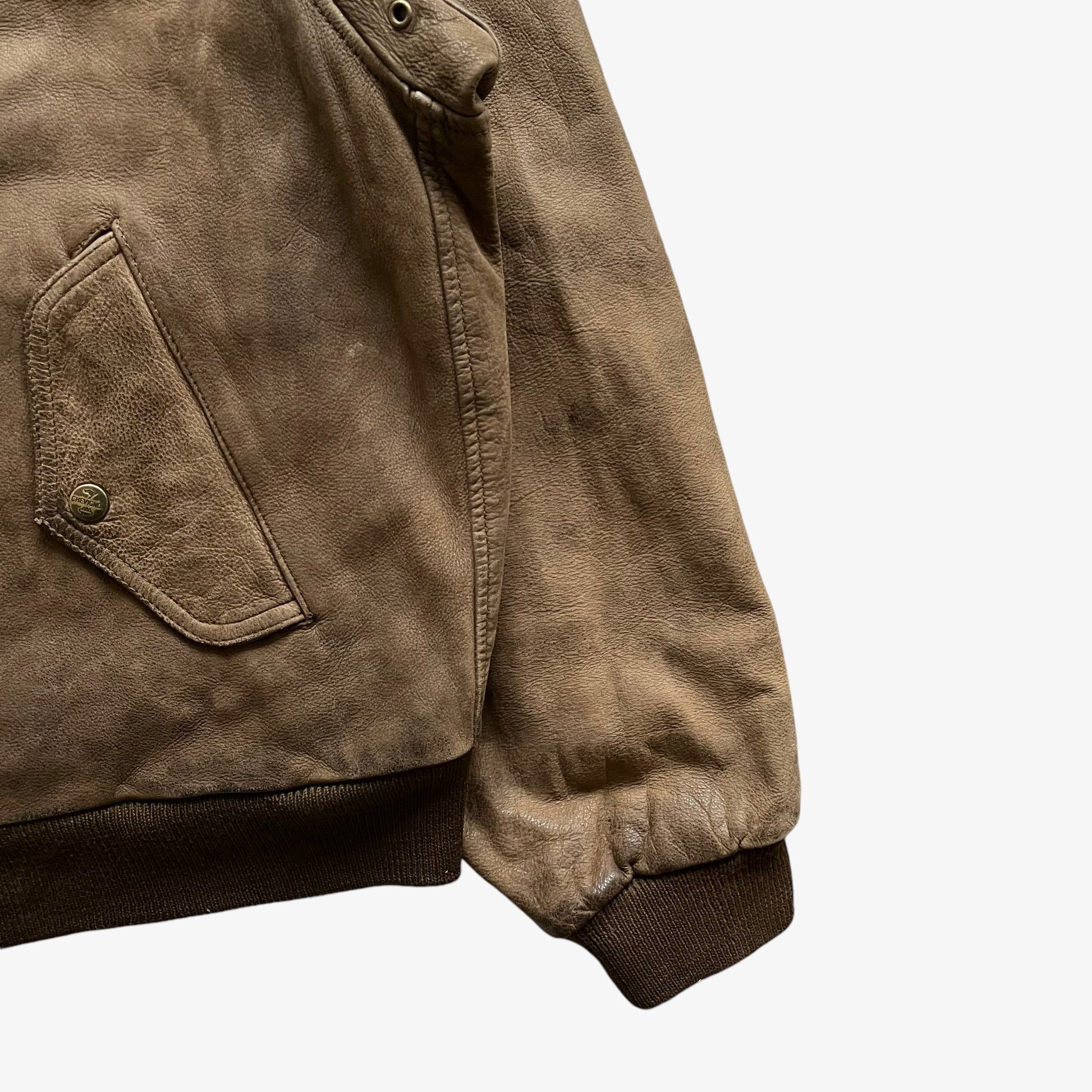 Vintage 90s Mens Chevignon Brown Leather Pilot Jacket Arm - Casspios Dream