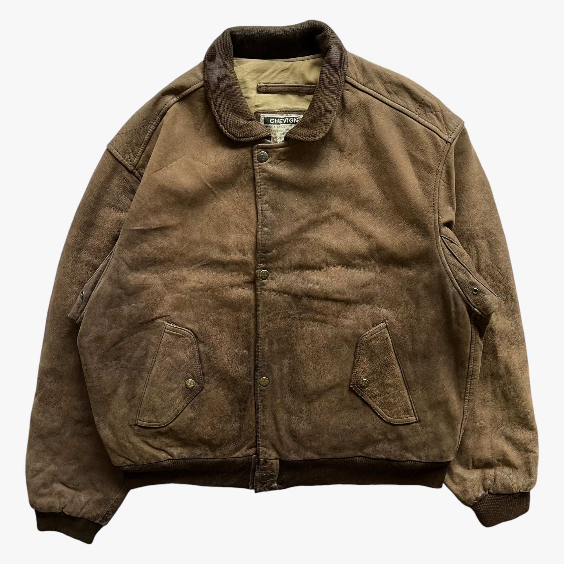Vintage 90s Mens Chevignon Brown Leather Pilot Jacket - Casspios Dream