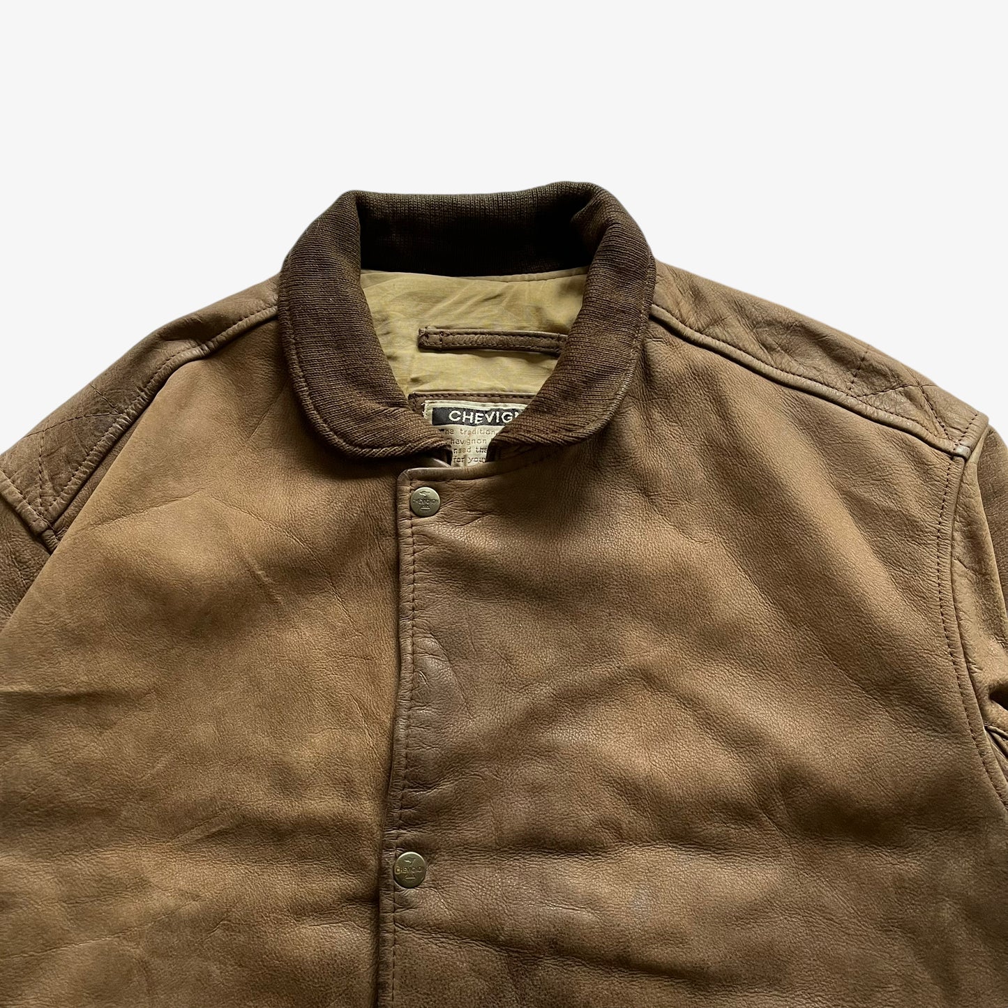 Vintage 90s Mens Chevignon Brown Leather Pilot Jacket Collar - Casspios Dream