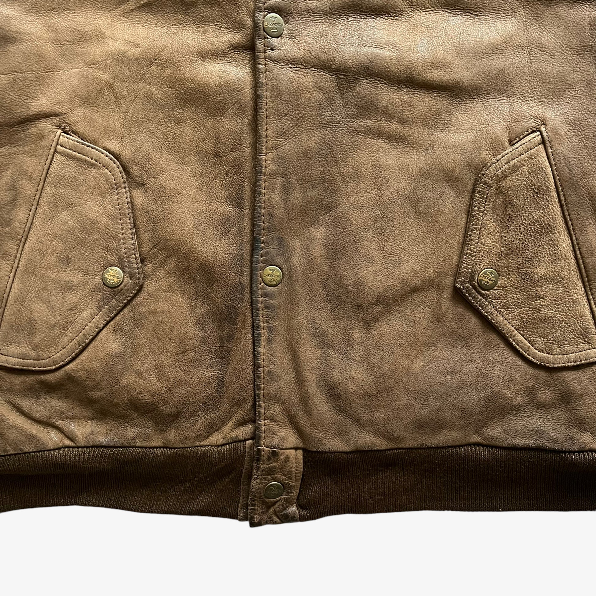 Vintage 90s Mens Chevignon Brown Leather Pilot Jacket Hem - Casspios Dream
