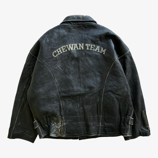 Vintage 90s Mens Chewan Black Leather Biker Jacket With Back Embroidered Spell Out Back - Casspios Dream