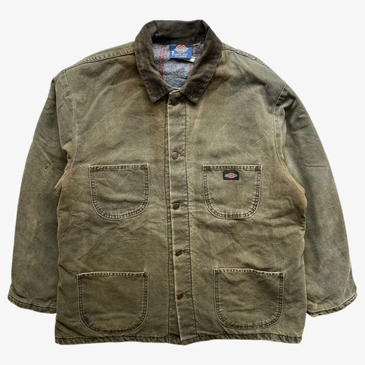 Vintage 90s men's Dickies faded khaki workwear jacket with corduroy collar.