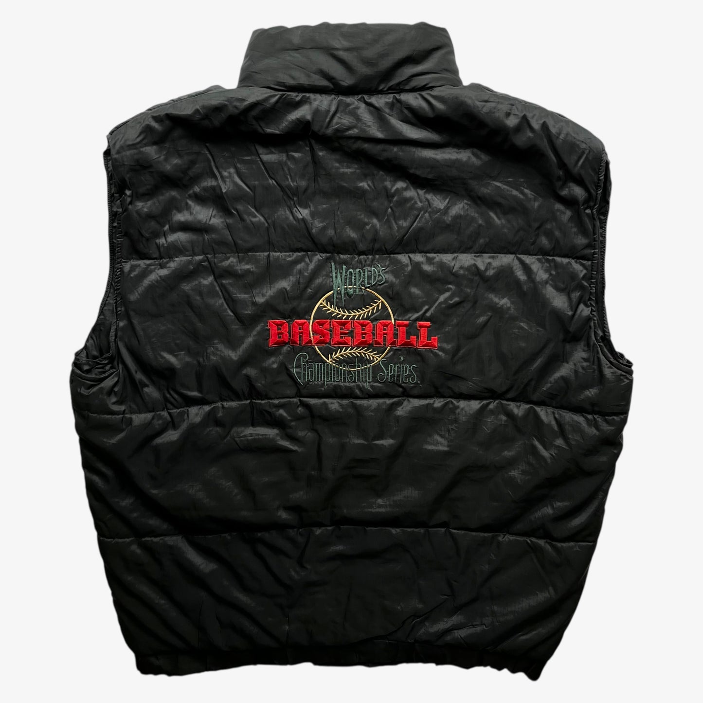 Back of vintage 90s men's Efro baseball world series championship black gilet with embroidered spell out.