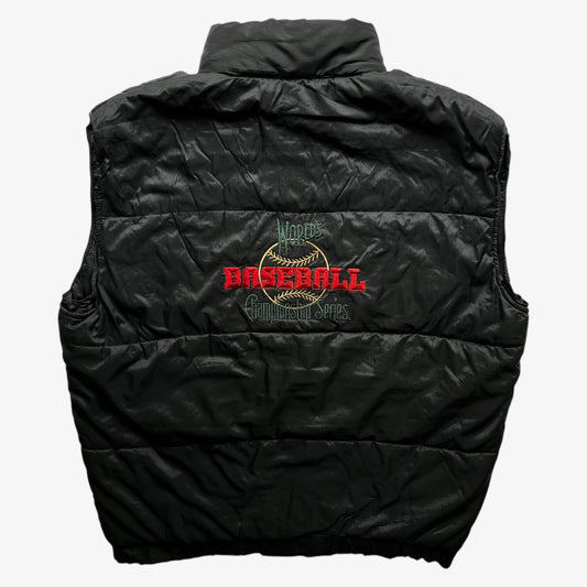 Back of vintage 90s men's Efro baseball world series championship black gilet with embroidered spell out.