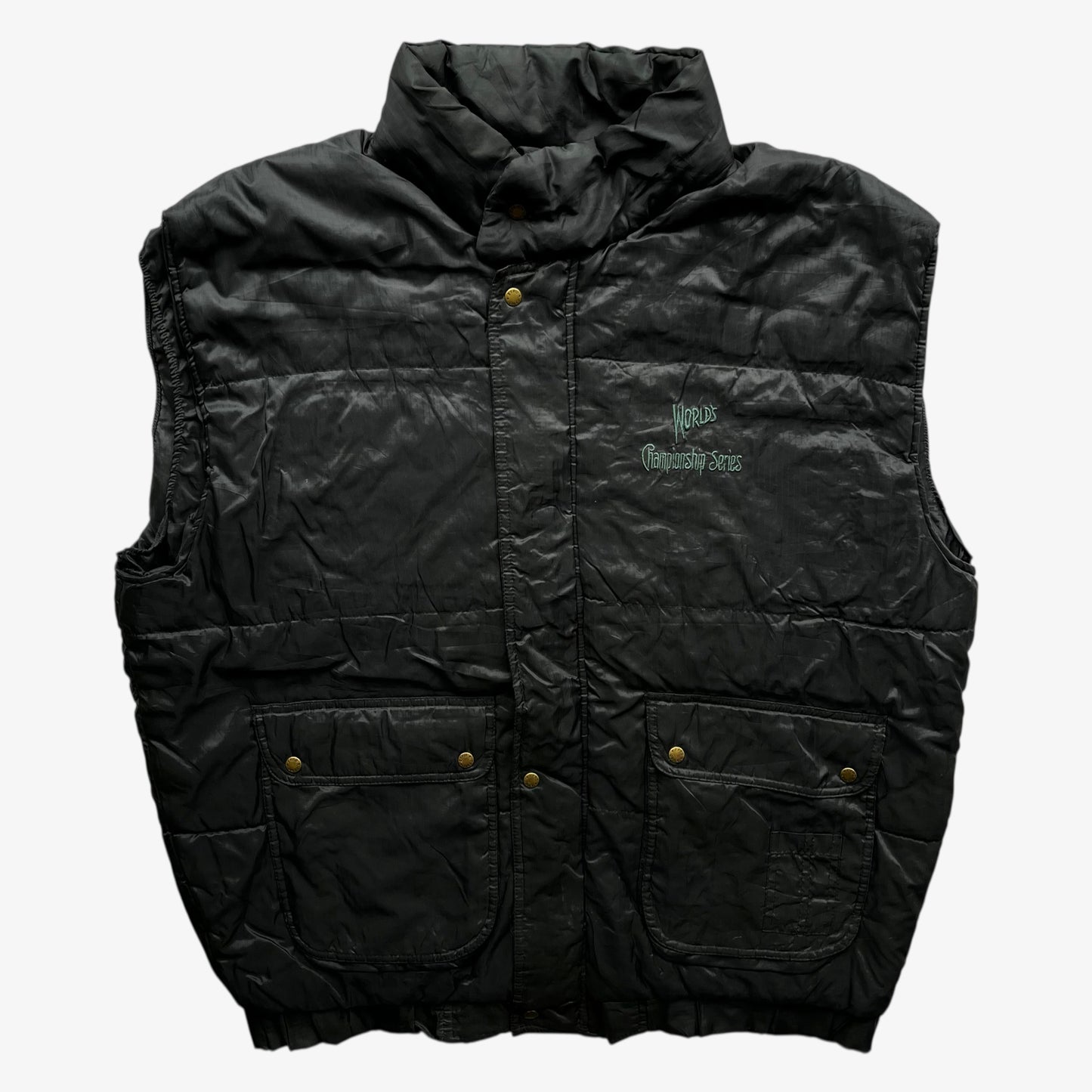 Vintage 90s men's Efro baseball world series championship black gilet with back embroidered spell out.