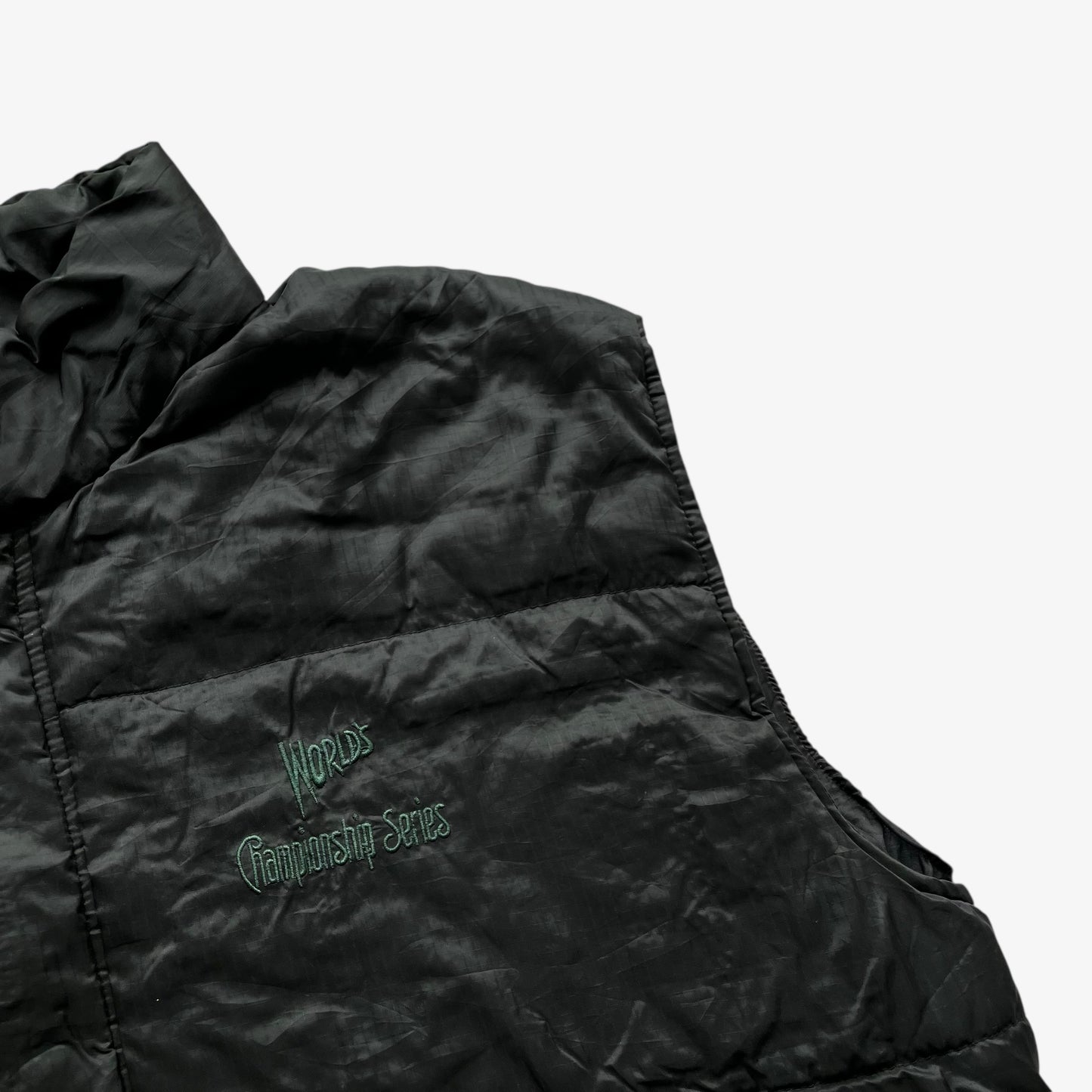 Baseball world championship series logo on vintage 90s men's Efro black gilet.