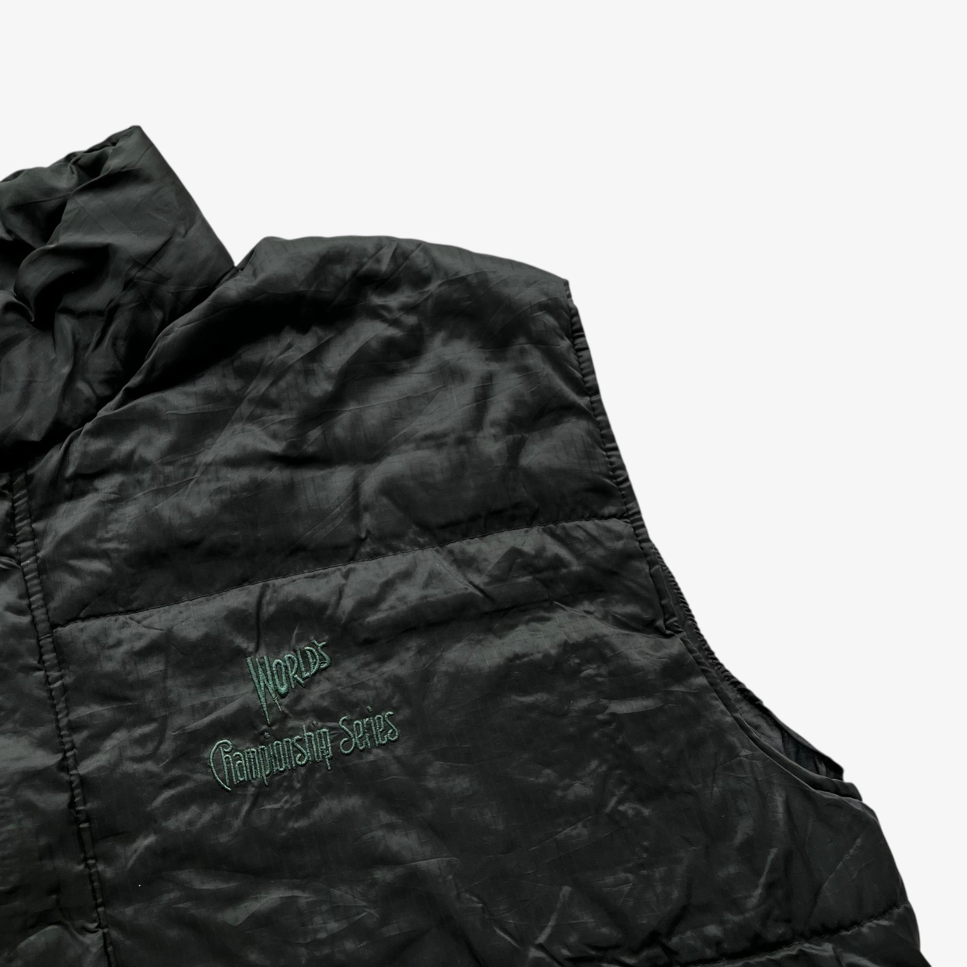 Baseball world championship series logo on vintage 90s men's Efro black gilet.