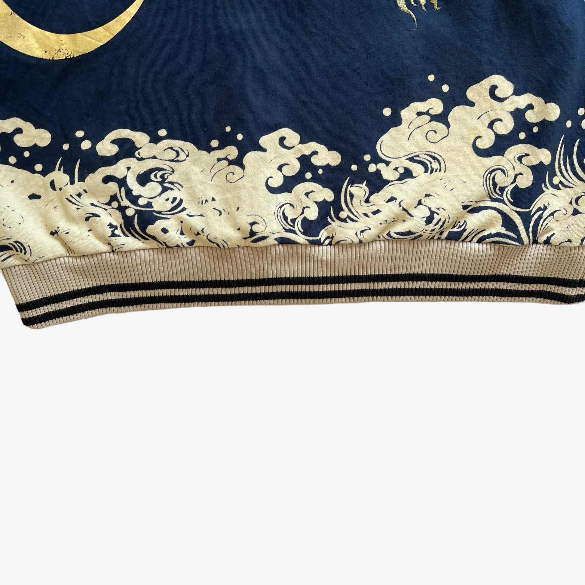 Vintage 90s Mens Embroidered Flying Dragon And Moon Print Bomber Jacket Hem - Casspios Dream
