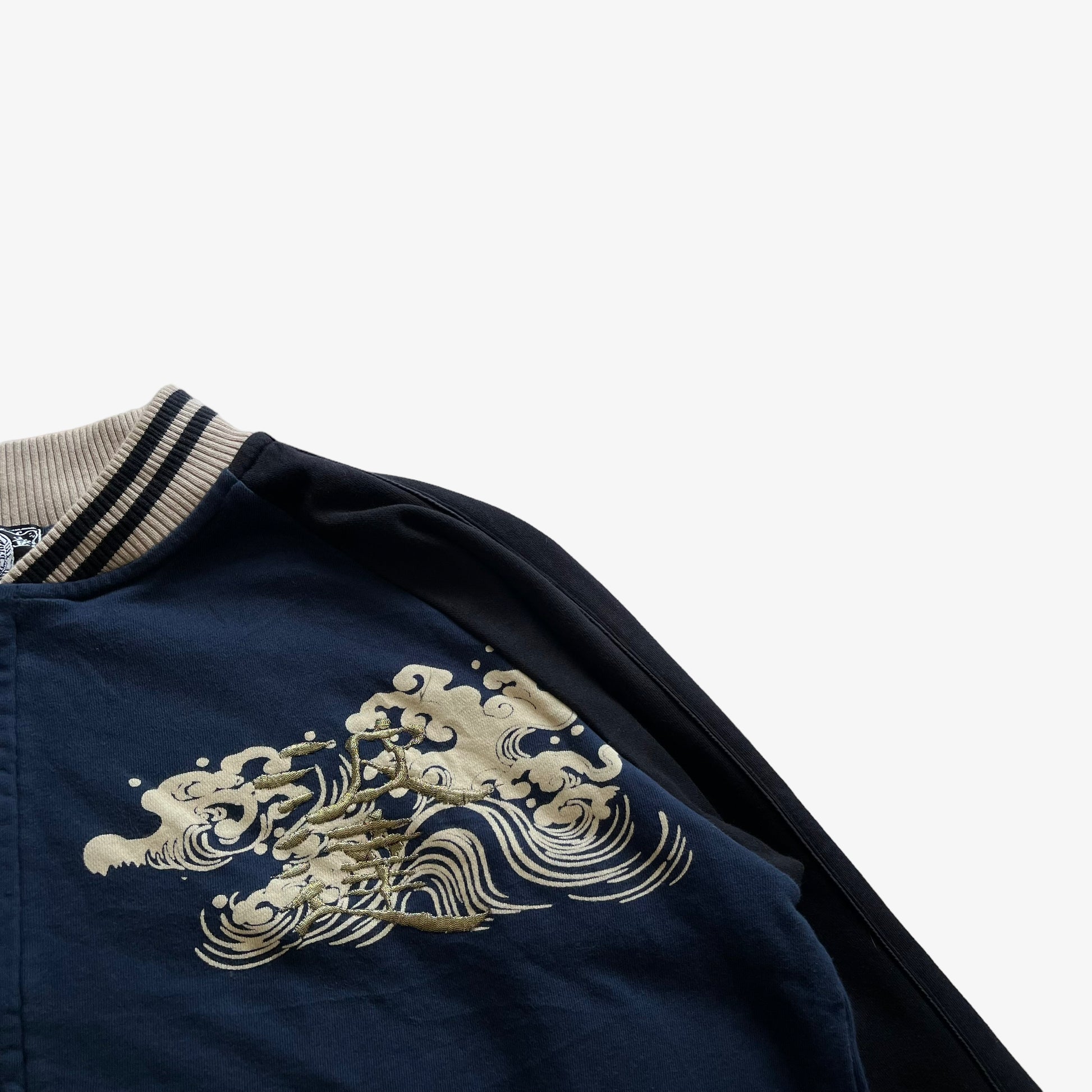 Vintage 90s Mens Embroidered Flying Dragon And Moon Print Bomber Jacket Shoulder - Casspios Dream
