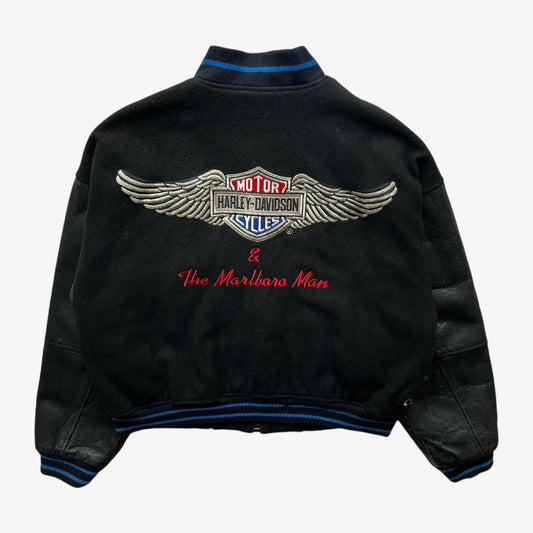 Vintage 90s Mens Harley Davidson And The Marlboro Man Black Wool Blend And Leather Varsity Jacket Back - Casspios Dream