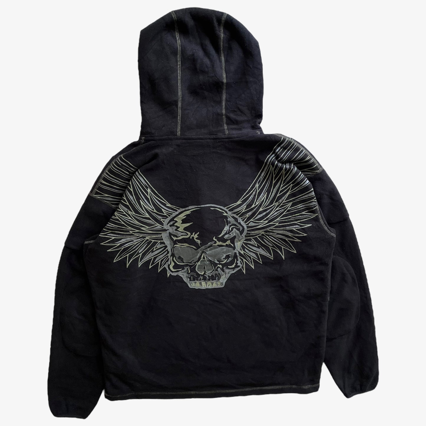 Vintage 90s Mens Harley Davidson Black Quarter Zip Hoodie With Back Printed Winged Skull Back - Casspios Dream