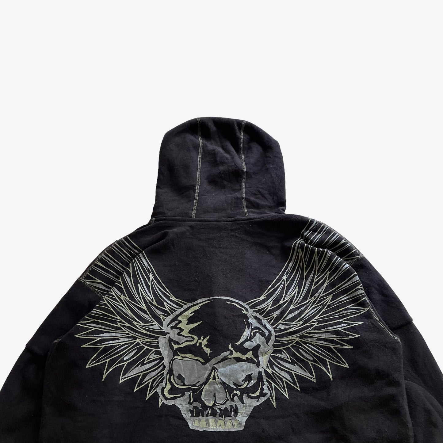 Vintage 90s Mens Harley Davidson Black Quarter Zip Hoodie With Back Printed Winged Skull Back Logo - Casspios Dream