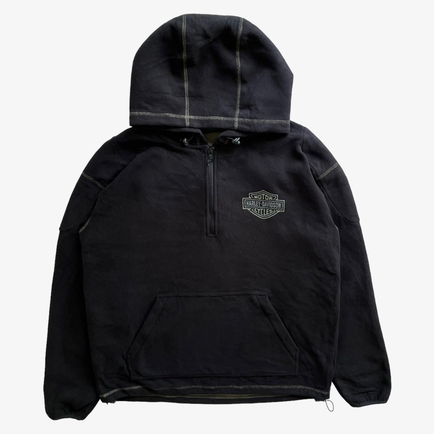 Vintage 90s Mens Harley Davidson Black Quarter Zip Hoodie With Back Printed Winged Skull - Casspios Dream