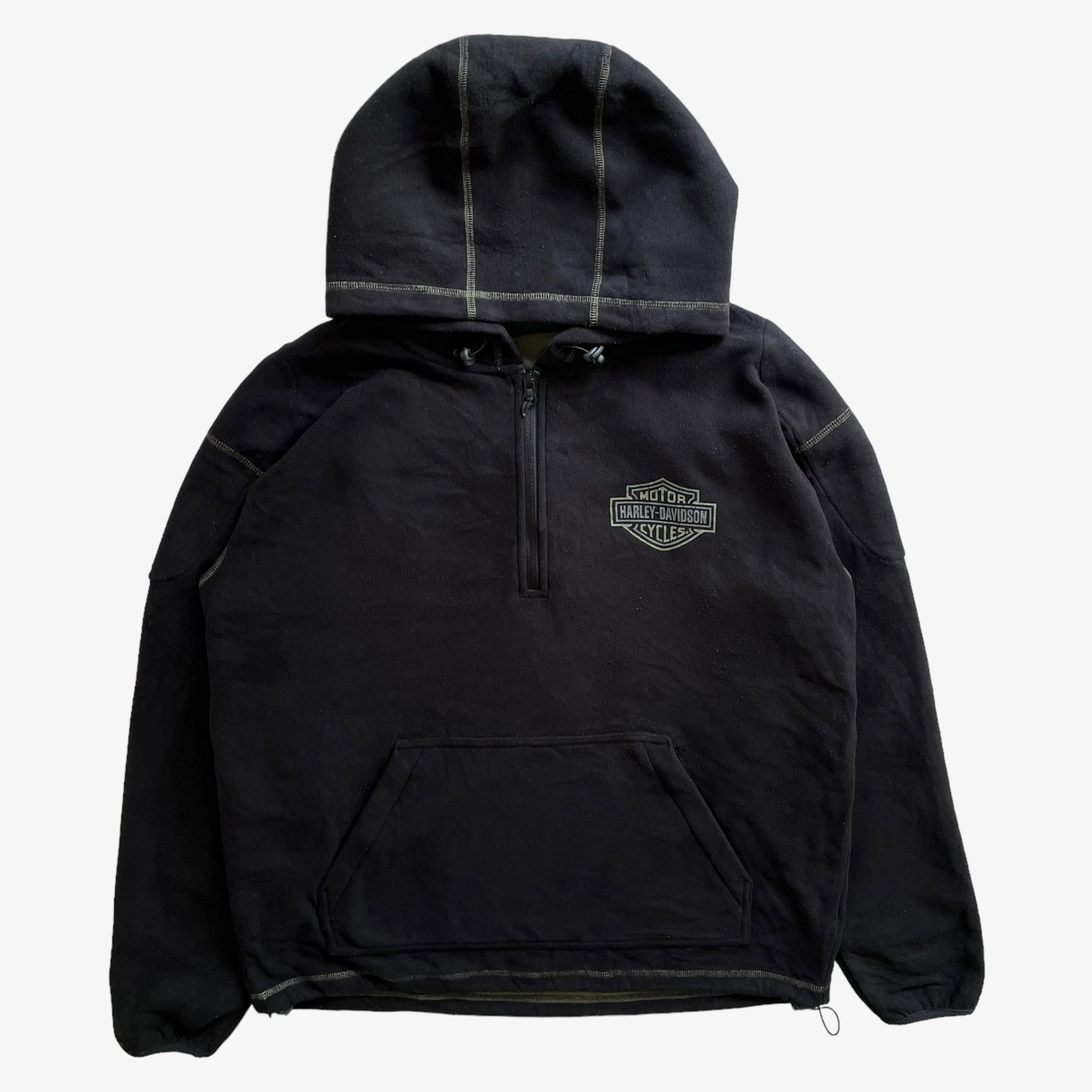 Vintage 90s Mens Harley Davidson Black Quarter Zip Hoodie With Back Printed Winged Skull - Casspios Dream