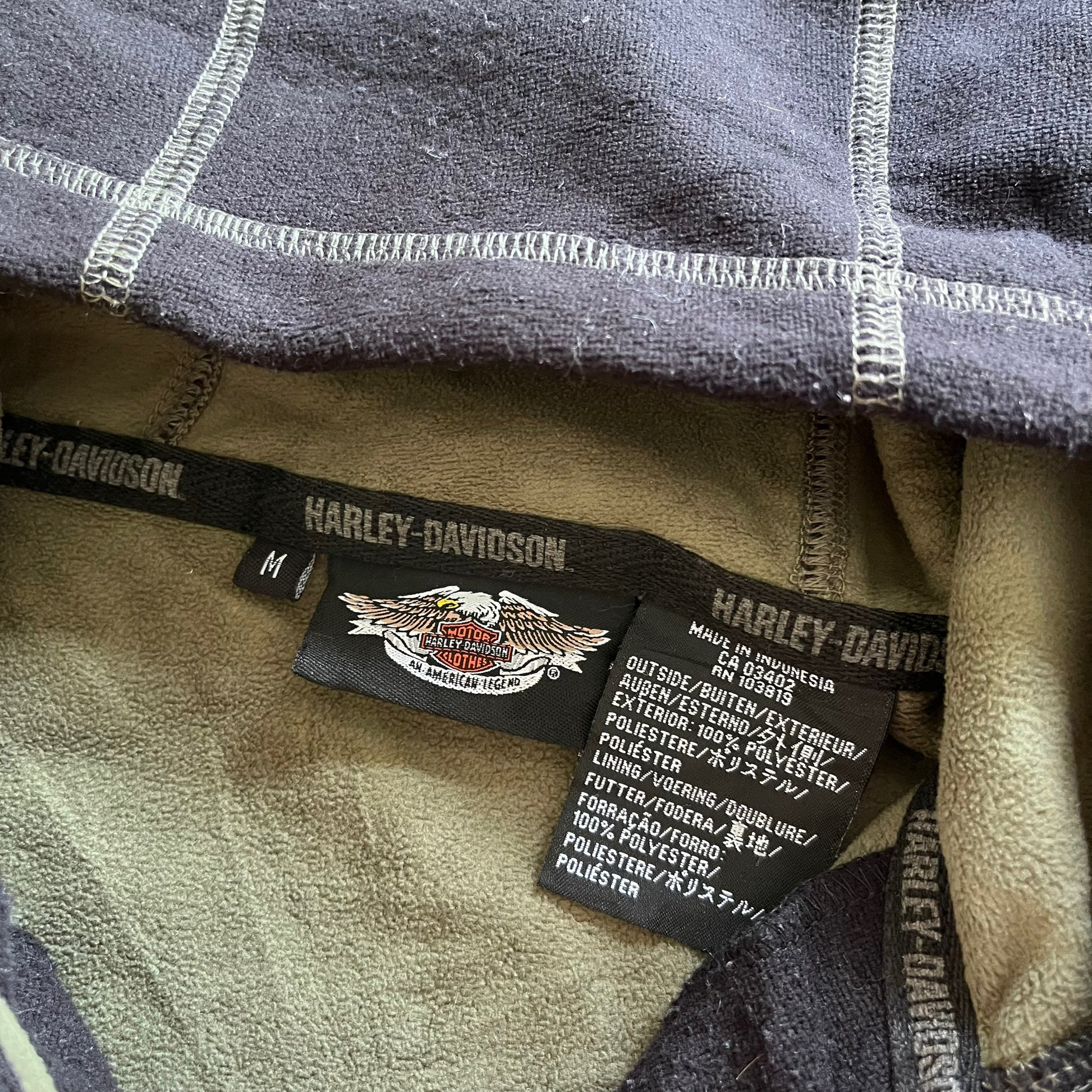 Vintage 90s Mens Harley Davidson Black Quarter Zip Hoodie With Back Printed Winged Skull Label - Casspios Dream