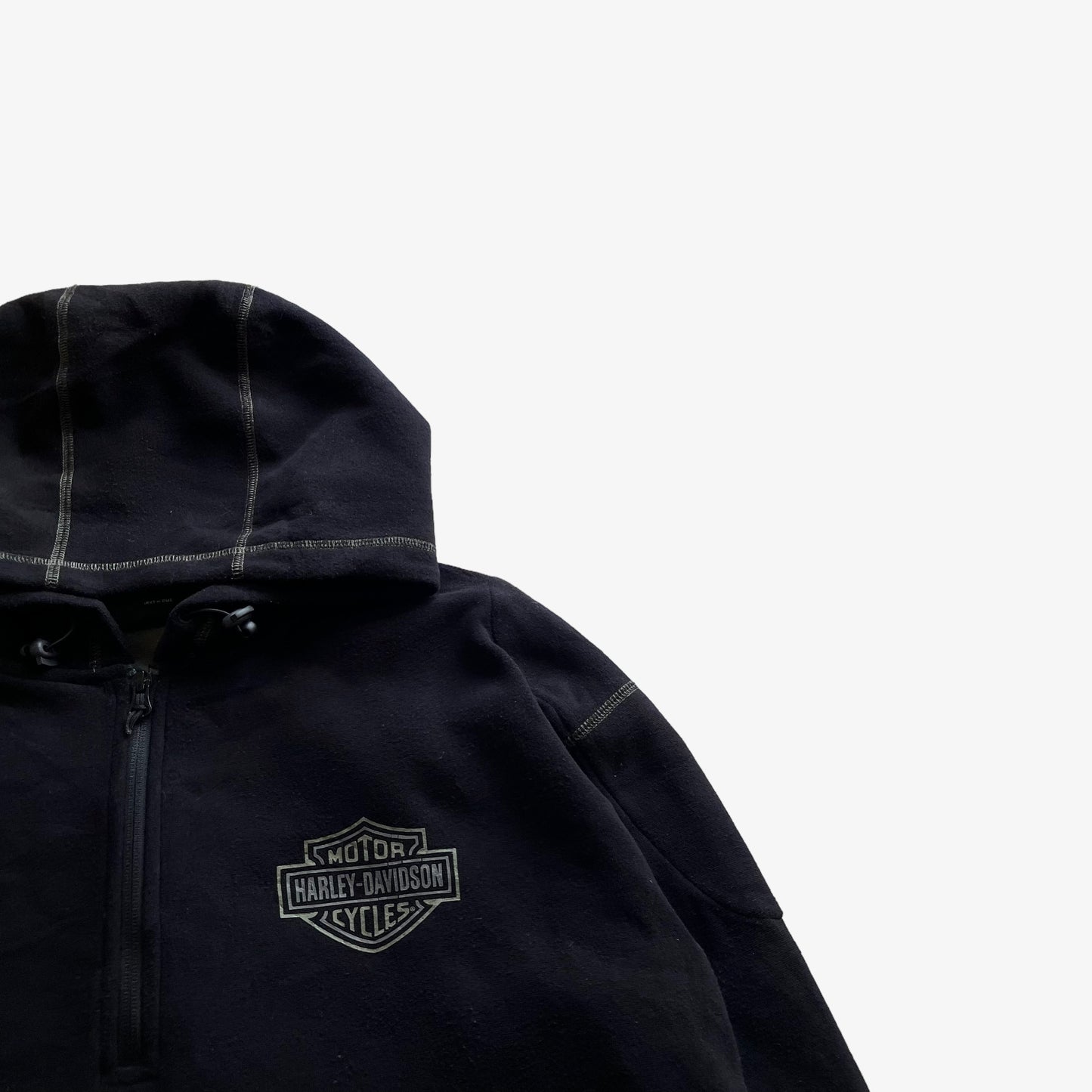 Vintage 90s Mens Harley Davidson Black Quarter Zip Hoodie With Back Printed Winged Skull Logo - Casspios Dream