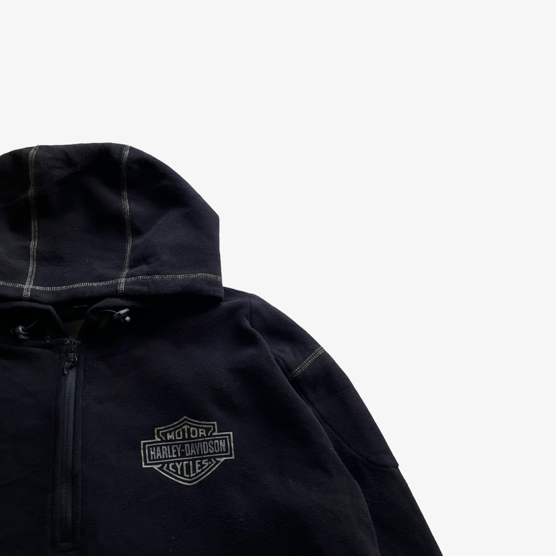 Vintage 90s Mens Harley Davidson Black Quarter Zip Hoodie With Back Printed Winged Skull Logo - Casspios Dream