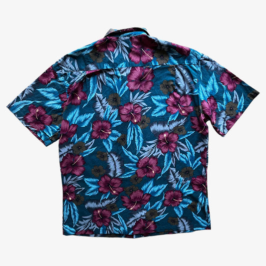 Vintage 90s Mens Hawaii Blues Red Floral Print Blue Short Sleeve Hawaiian Shirt Back - Casspios Dream