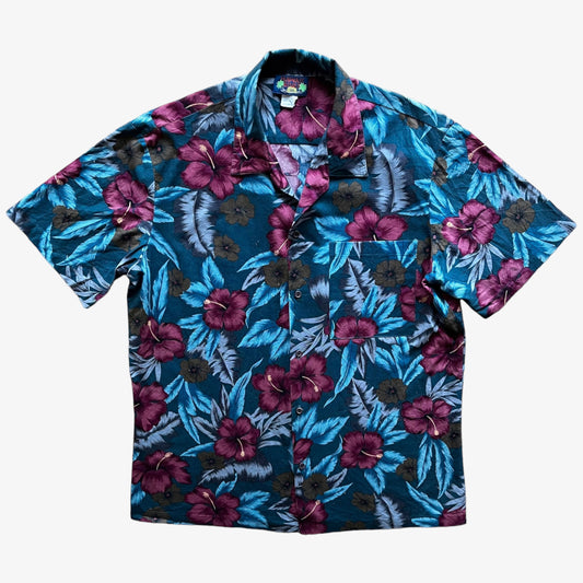 Vintage 90s Mens Hawaii Blues Red Floral Print Blue Short Sleeve Hawaiian Shirt - Casspios Dream
