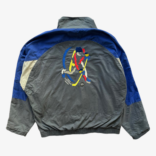Vintage 90s Mens Ice Hockey 1995 Sweden World Championship Faded Jacket Back - Casspios Dream