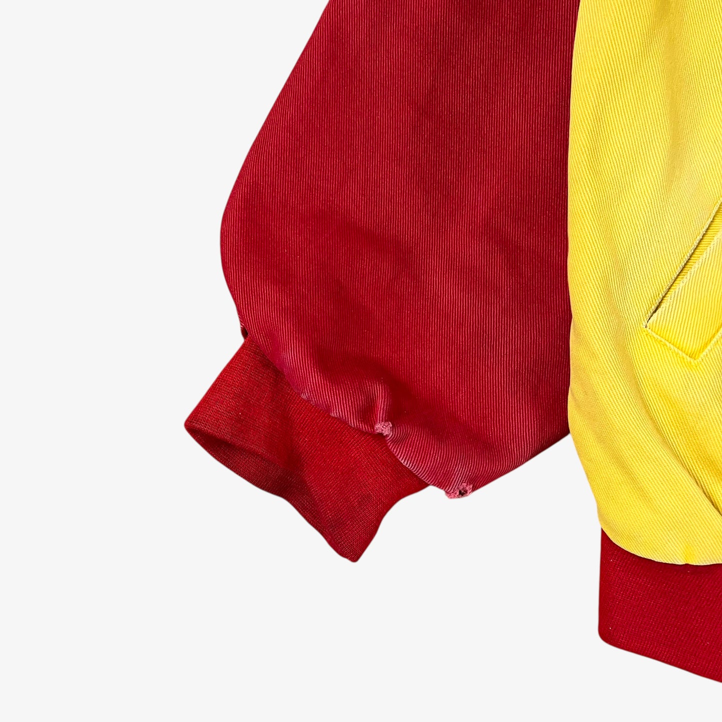 Scuff on vintage 90s Jeff Hamilton JH Design Ernie Irvan 36 M&M yellow NASCAR jacket.