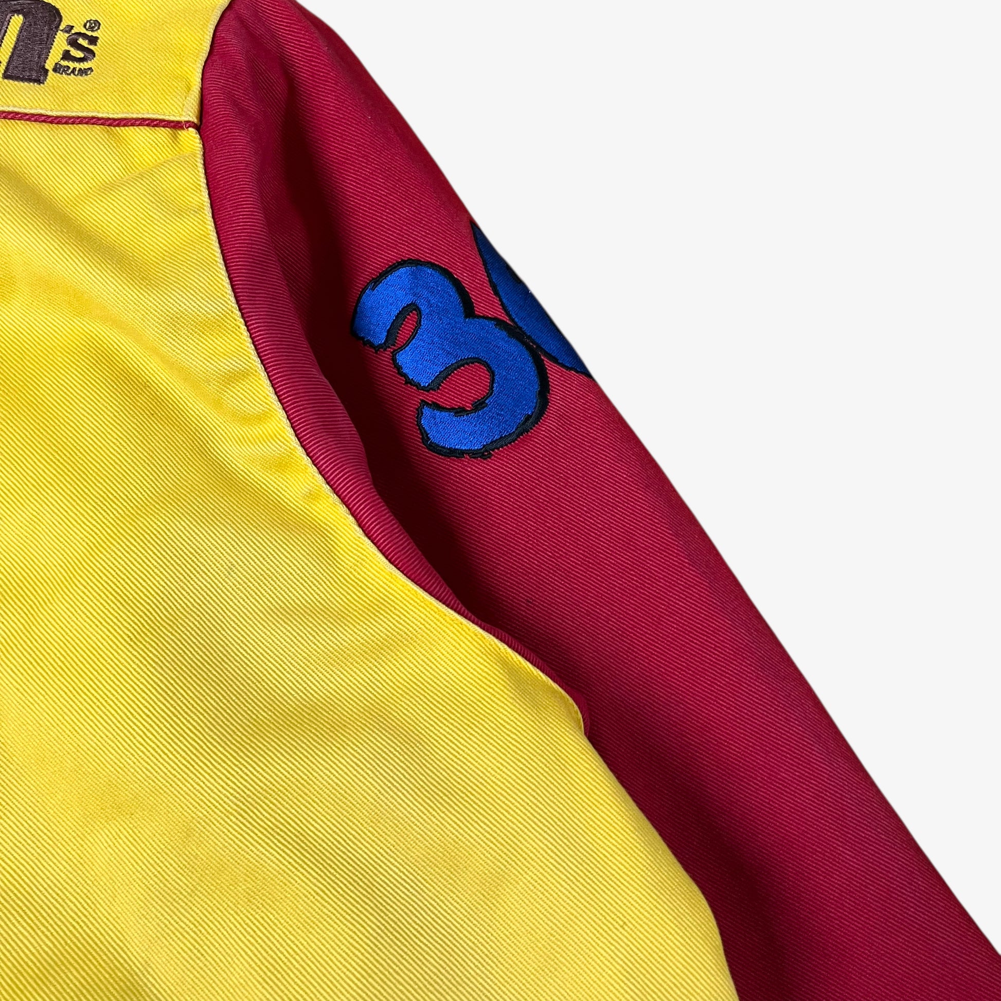 36 embroidery of vintage 90s Jeff Hamilton JH Design Ernie Irvan 36 M&M yellow NASCAR jacket.