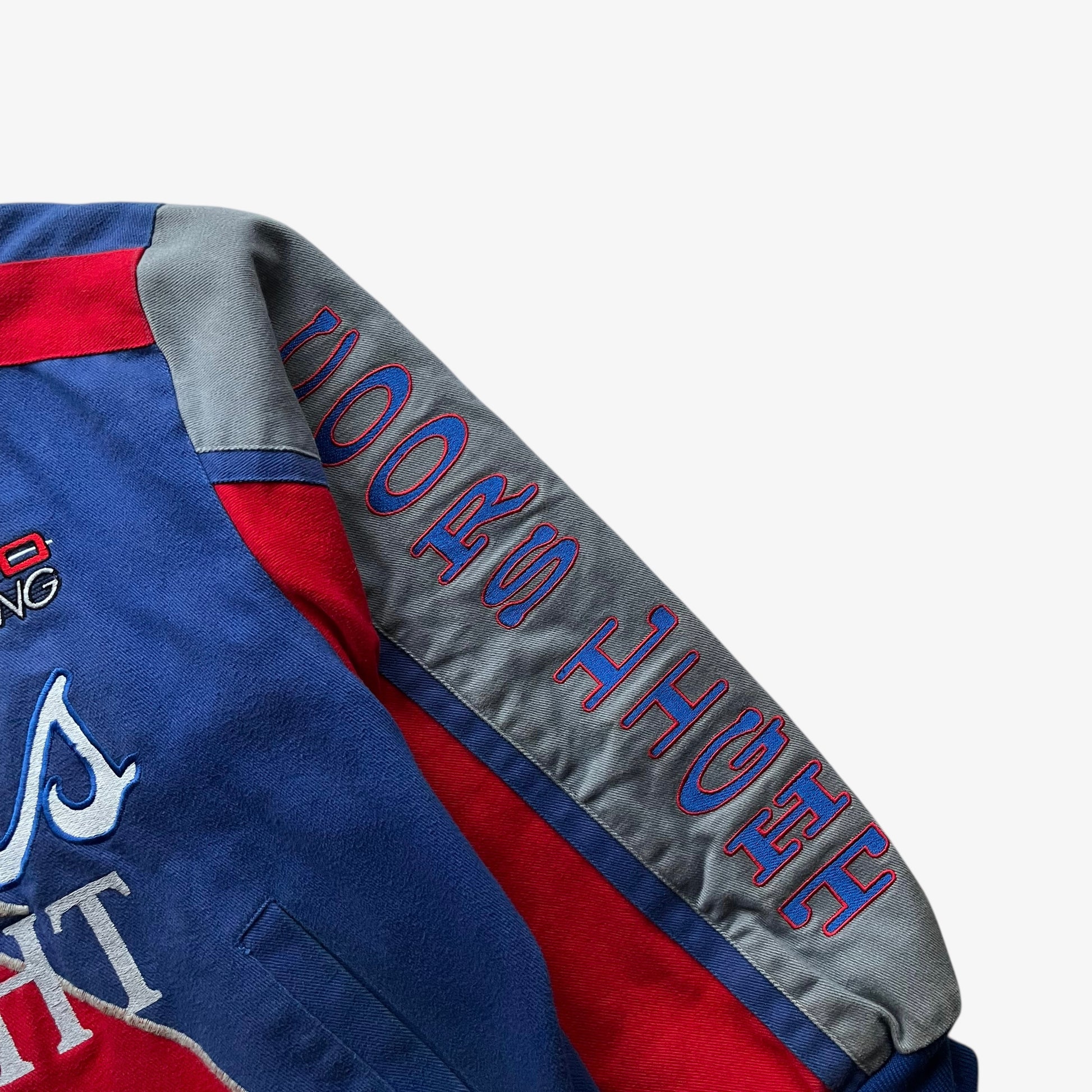 Coors light embroidered spell out sleeve on a vintage 90s men's Jeff Hamilton silver bullet nascar jacket.