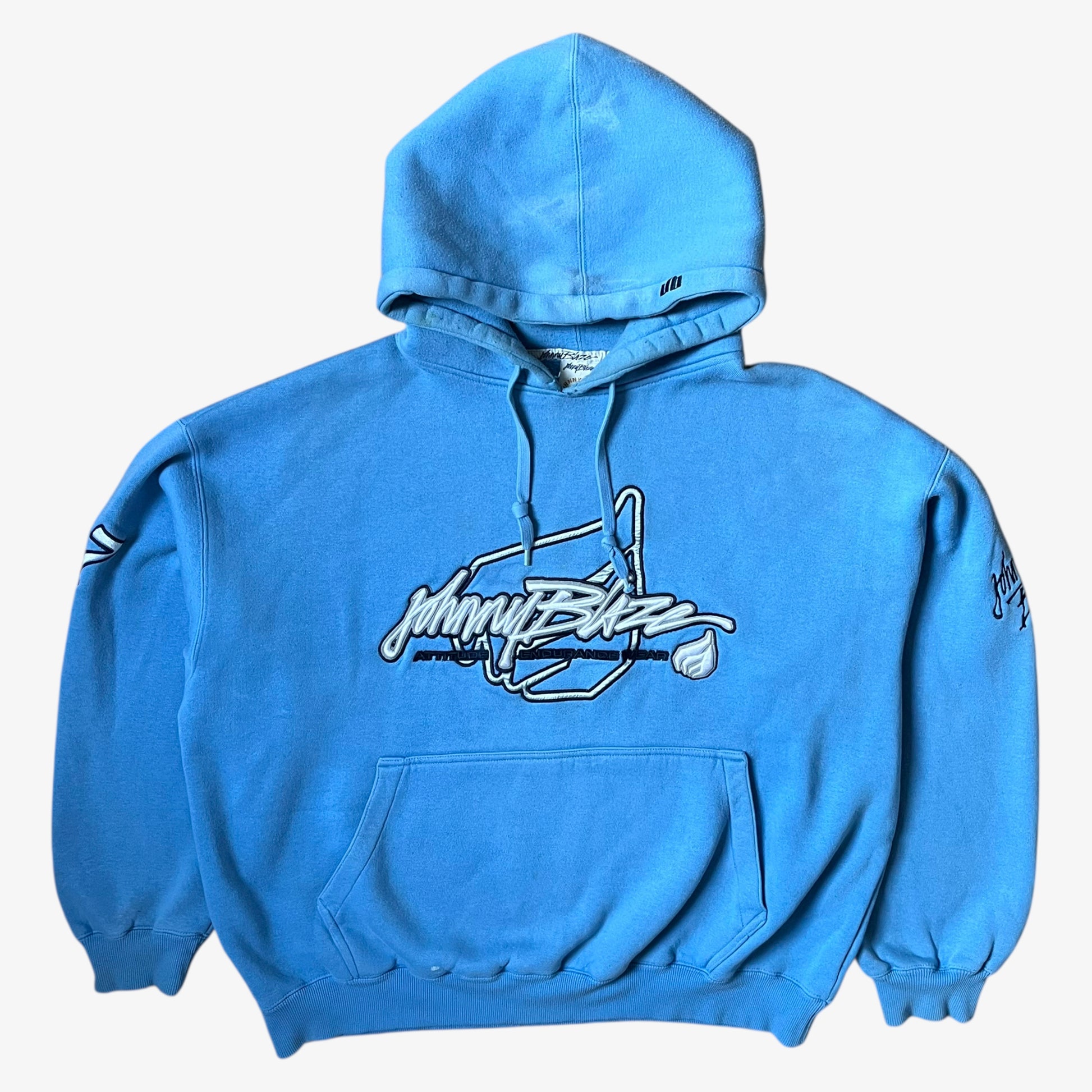 Vintage 90s men's Johnny Blaze blue hoodie featuring an embroidered 3D spell out.