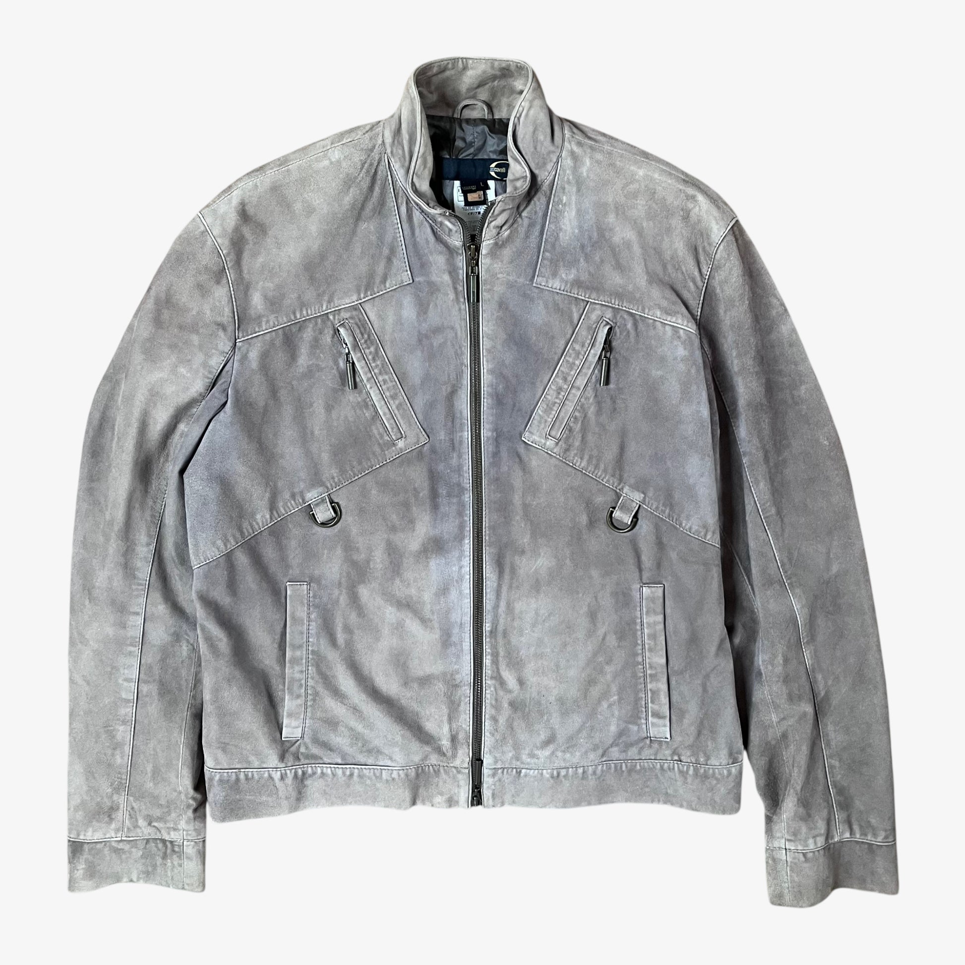 Vintage 90s Just Cavalli men’s faded beige leather jacket with multiple front pockets, engraved zips, and motorcycle-inspired style.