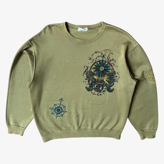 Vintage 90s men's Lancel Paris green sweatshirt with embroidered nautical pattern.
